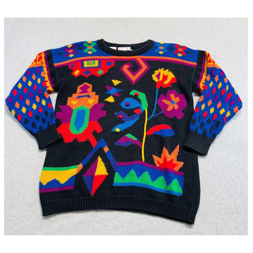 Vintage Rafaella Petites S Colorful Abstract Pom Pom Cotton 3D Sweater 80s 90s